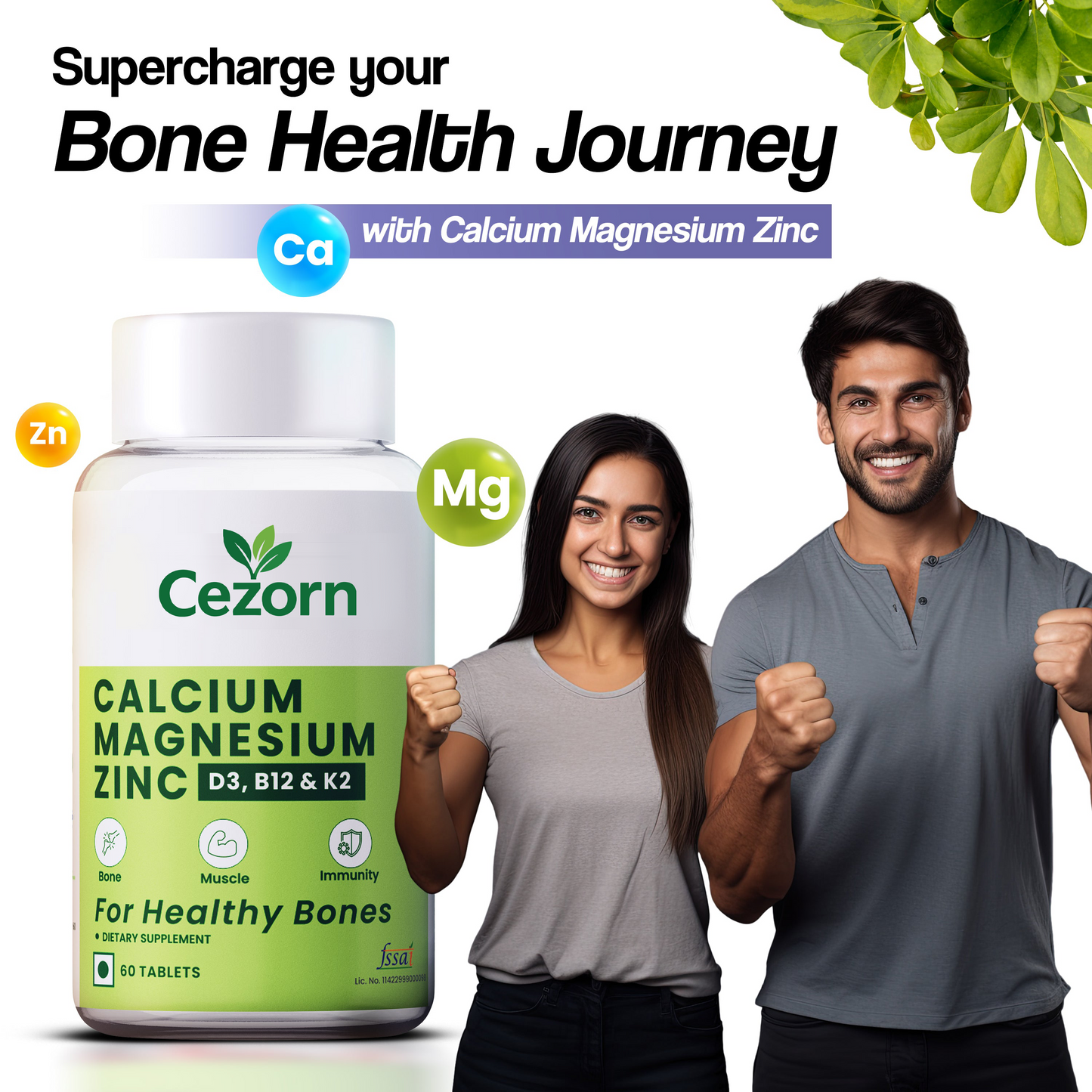 Cezorn Calcium Magnesium Zinc Tablets 1000mg For Healthy Bone - 60 Veg Tablet