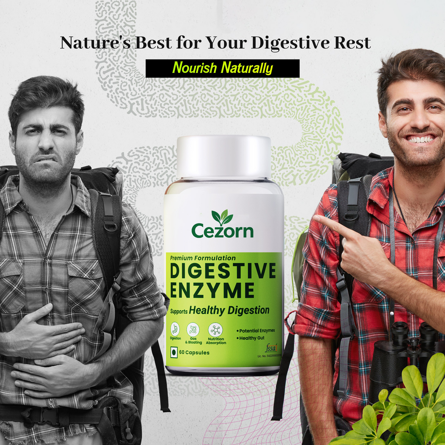 Cezorn Digestive Enzyme Capsules with Amylase, Protease, Glucoamylase | 60 Veg Capsules | Better Digestive Function, Healthy Gut & Health Management | For both Men & Women