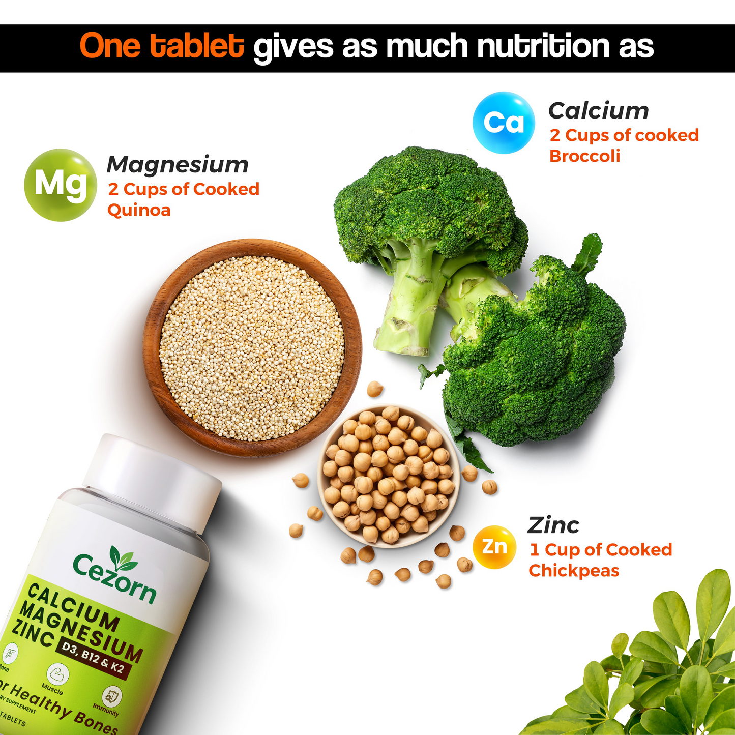 Cezorn Calcium Magnesium Zinc Tablets 1000mg For Healthy Bone - 60 Veg Tablet