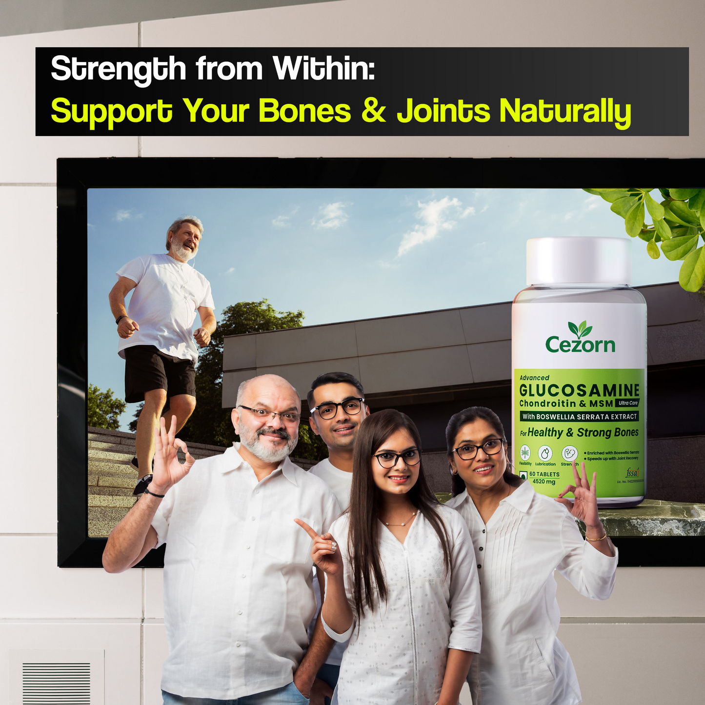 Cezorn Glucosamine Chondroitin MSM with Boswellia | Cartilage & Joint Support Supplement | Glucosamine for Joint Relieves Pain and Stiffness - 60 Vegetarian Tablet