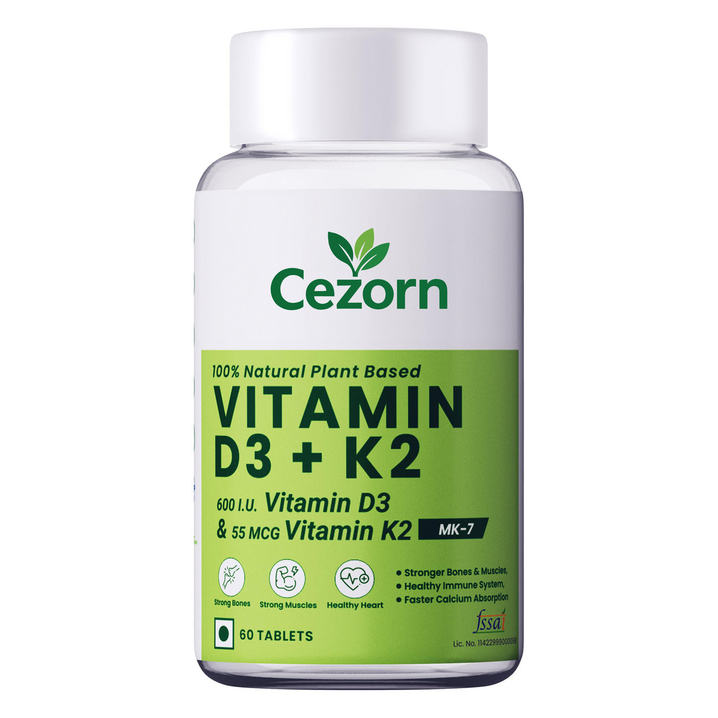 Cezorn Vitamin D3+K2 as MK7 Supplement | Support Healthy Bones & Boost Immune System & Joint Care | 60 Veg Tablets for both Men & Women
