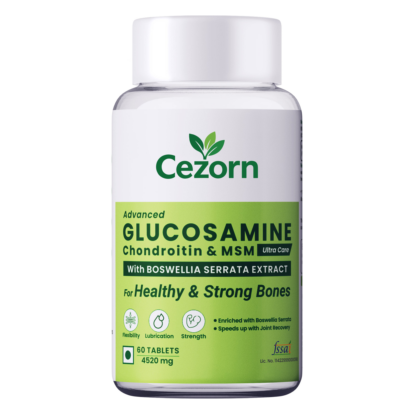 Cezorn Glucosamine Chondroitin MSM with Boswellia | Cartilage & Joint Support Supplement | Glucosamine for Joint Relieves Pain and Stiffness - 60 Vegetarian Tablet