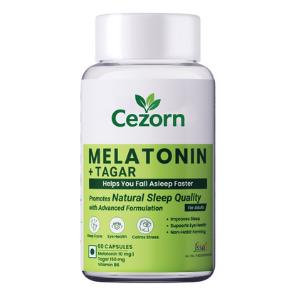 Cezorn Melatonin +Tagar Capsules 10mg For Healthy Sleep Cycle - 60 Veg Capsules