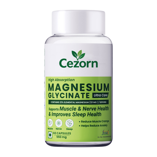 Cezorn High Absorption Magnesium Glycinate, 550mg | 60 Veg Capsules | Supports Nerve & Muscle Health