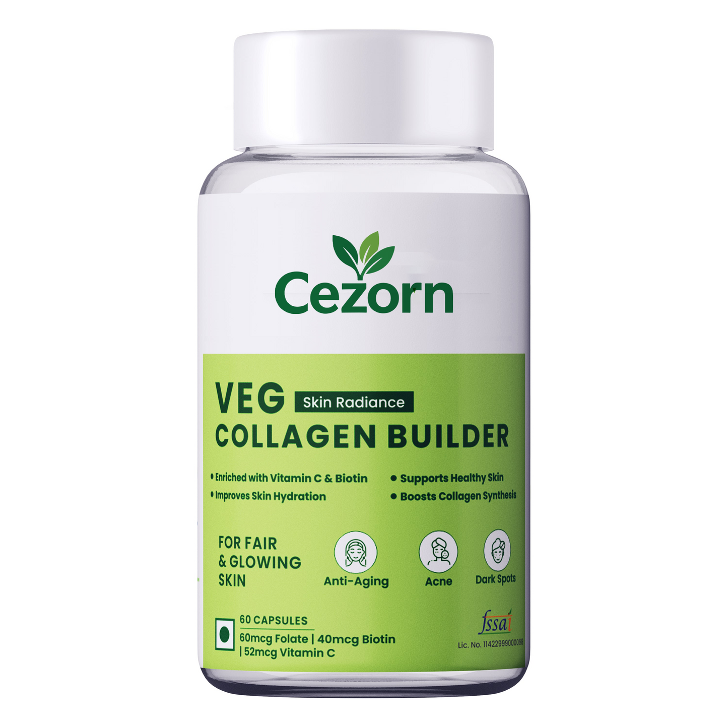 Cezorn Skin Radiance Collagen Builder 800mg Capsules | Supports Healthy Skin, Stronger Hair, Nails & Joints | 60 Capsules
