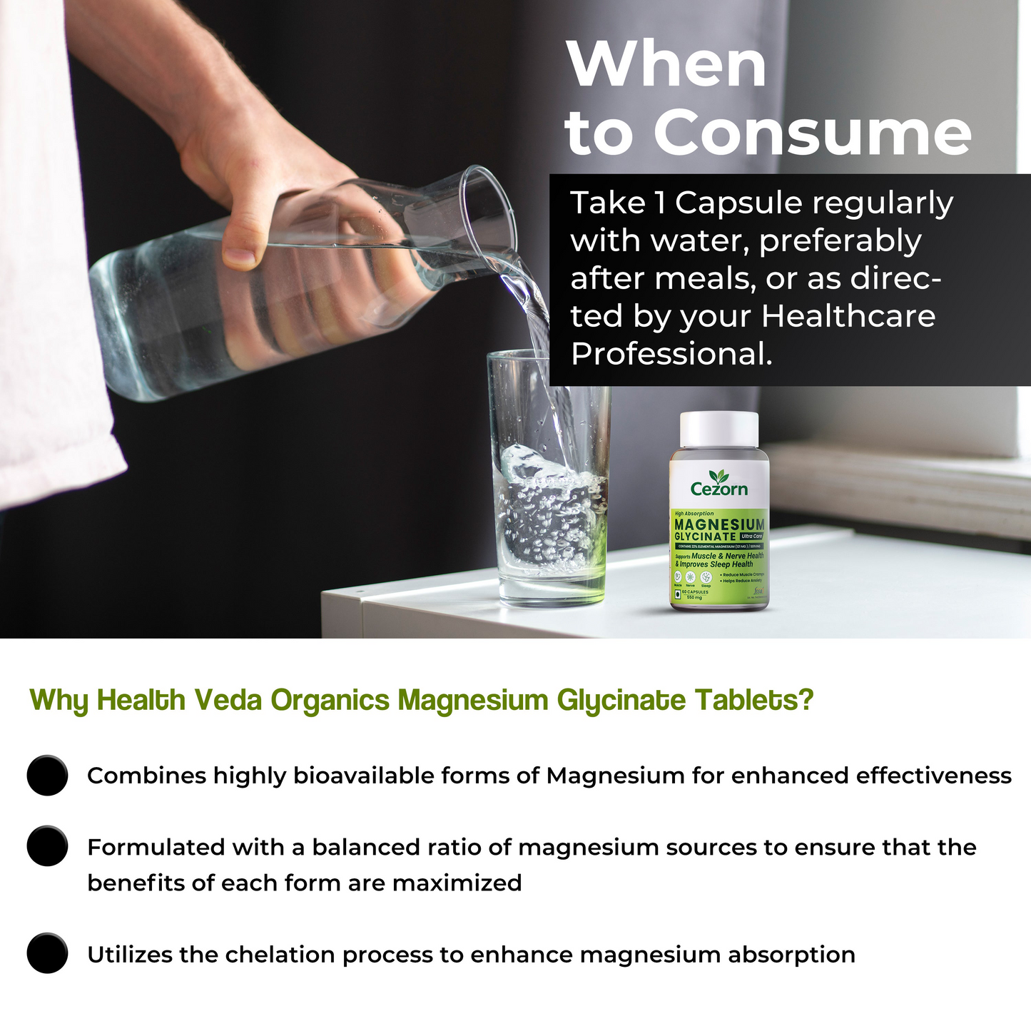 Cezorn High Absorption Magnesium Glycinate, 550mg | 60 Veg Capsules | Supports Nerve & Muscle Health