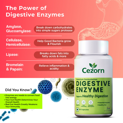 Cezorn Digestive Enzyme Capsules with Amylase, Protease, Glucoamylase | 60 Veg Capsules | Better Digestive Function, Healthy Gut & Health Management | For both Men & Women