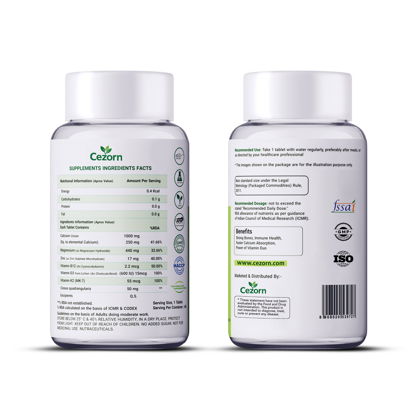 Cezorn Calcium Magnesium Zinc Tablets 1000mg For Healthy Bone - 60 Veg Tablet