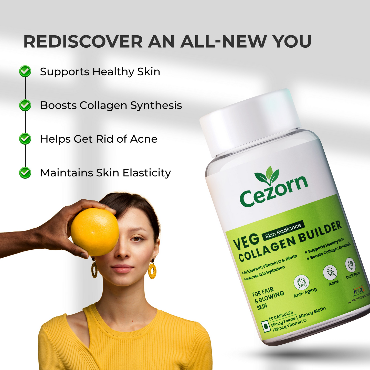 Cezorn Skin Radiance Collagen Builder 800mg Capsules | Supports Healthy Skin, Stronger Hair, Nails & Joints | 60 Capsules