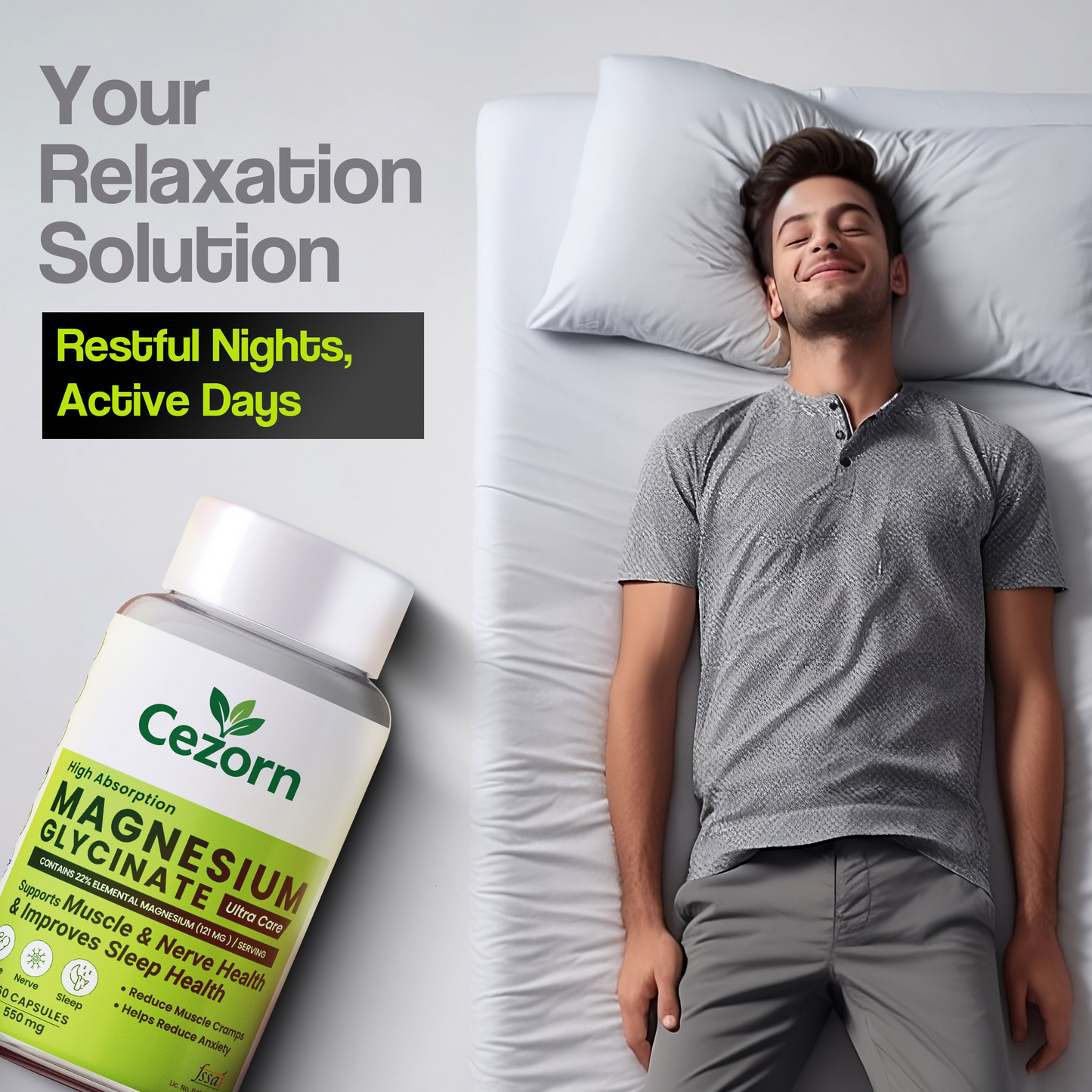 Cezorn High Absorption Magnesium Glycinate, 550mg | 60 Veg Capsules | Supports Nerve & Muscle Health