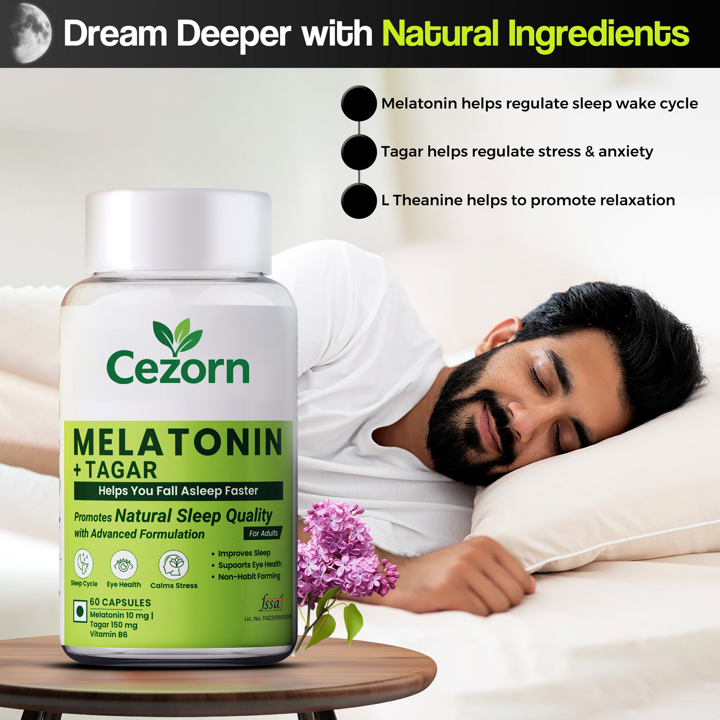 Cezorn Melatonin +Tagar Capsules 10mg For Healthy Sleep Cycle - 60 Veg Capsules