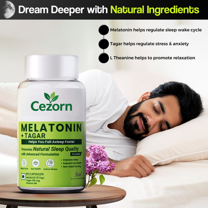 Cezorn Melatonin +Tagar Capsules 10mg For Healthy Sleep Cycle - 60 Veg Capsules