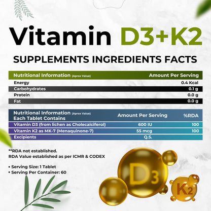 Cezorn Vitamin D3+K2 as MK7 Supplement | Support Healthy Bones & Boost Immune System & Joint Care | 60 Veg Tablets for both Men & Women