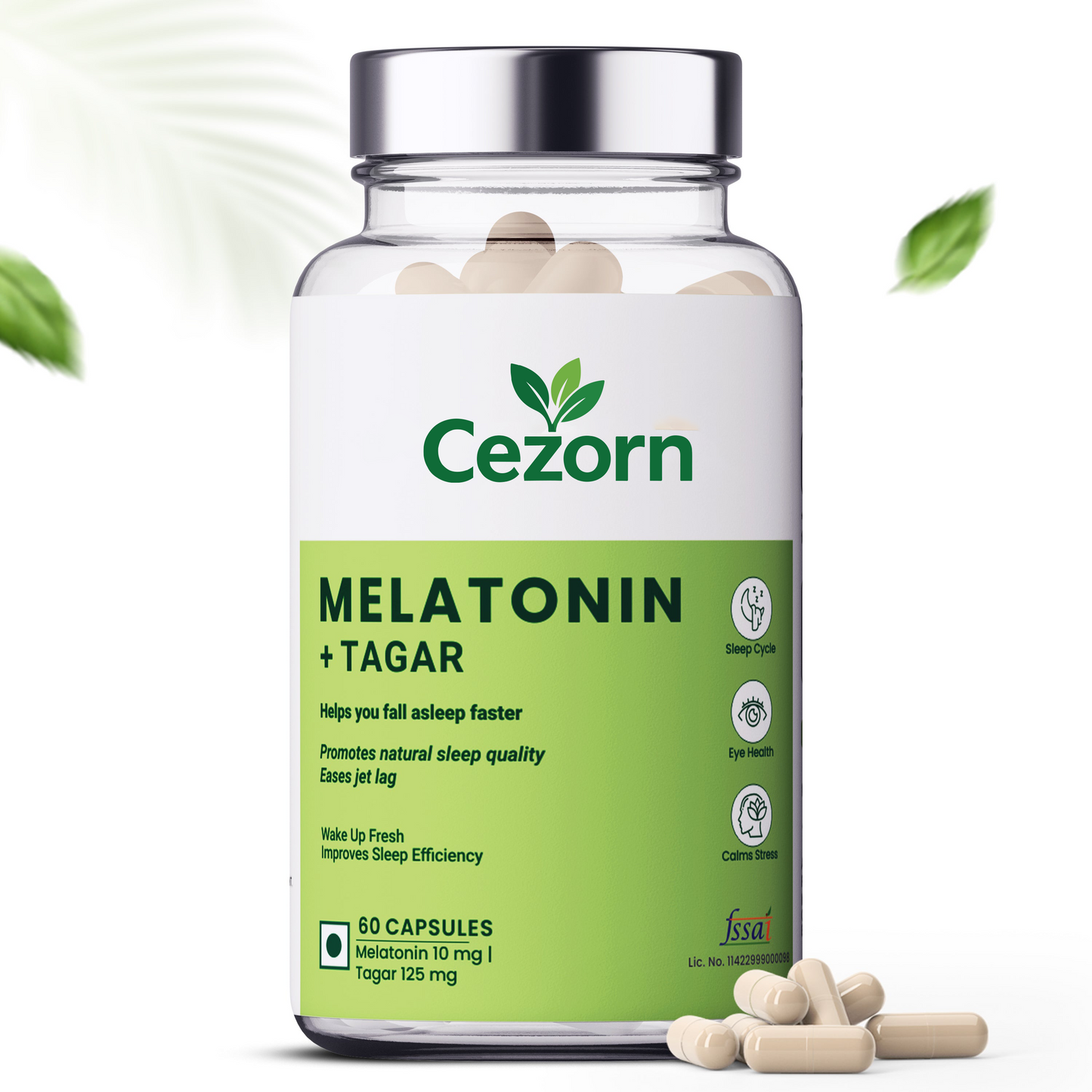 Cezorn Melatonin +Tagar Capsules 10mg For Healthy Sleep Cycle - 60 Veg Capsules