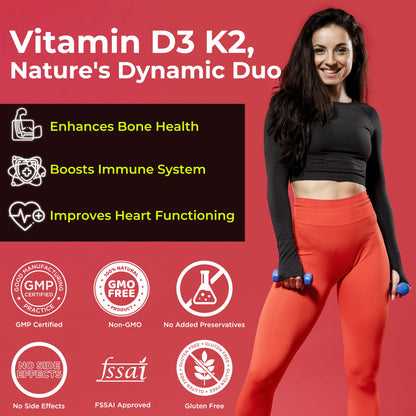 Cezorn Vitamin D3+K2 as MK7 Supplement | Support Healthy Bones & Boost Immune System & Joint Care | 60 Veg Tablets for both Men & Women